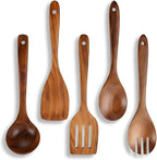 5-Piece Wooden Spoons for Cooking – Smooth Finish Teak Wood Utensils – Comfortable Grip Cooking Wood Tools Non-Stick Safe Easy to Clean Heat Resistant Scratch-Free Set