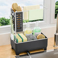 Kitchen Sink Caddy with Stainless Steel Towel Holder, Handy Sponge Holder for Kitchen Sink with Extending Drain Spout, No-Tool Assembly Space Saver for sink Countertop Accessories(Black)