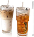 2 Pack Iced Coffee Cup with Lids, 20oz Clear Glass Tumbler with Straw & Lid, Ribbed Glassware Cups, Dishwasher Safe Drinking Glasses, Stylish Glass Cups for Coffee, Juice, Tea, Matcha