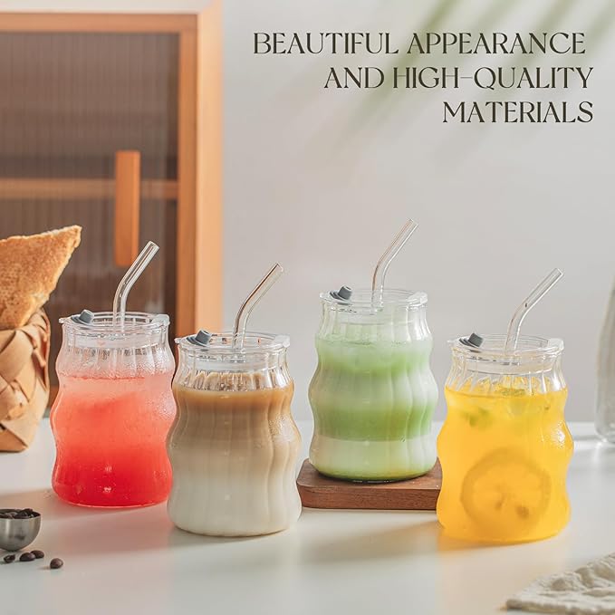 KEMORELA 4PCS Ribbed Glass Cups with Lids & Straws – 18oz Vintage Wavy Coffee Cups, Bubble Glass Aesthetic for Iced Coffee, Clear Ribbed Glasses with Straws, Ideal Drinkware Set