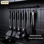 Premium Black Silicone Cooking Utensils Set - Non-Toxic, Heat Resistant& Non-Stick Kitchen Utensils Set with Spatula, Spoon, Whisk, Tongs, BPA Free, Dishwasher Safe, Black