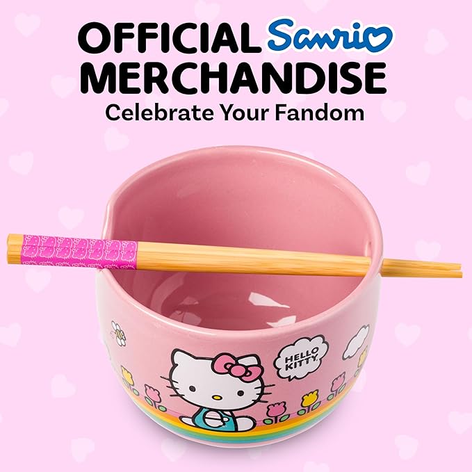 Silver Buffalo Hello Kitty Spring and Summer Flowers Rainbow Stripes Ceramic Ramen Noodle Rice Bowl with Chopsticks, Microwave Safe, 20 Ounces