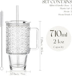 Kemorela 24oz Ribbed Glass Cups with Lids and Straws,Glass Tumbler with Handle,2 set–Reusable Glass Ice Coffee Cups with Lid and Straw for Smoothies,Tea,Juice,Boba Cup for Cold & Hot Drinks,Travel Cup