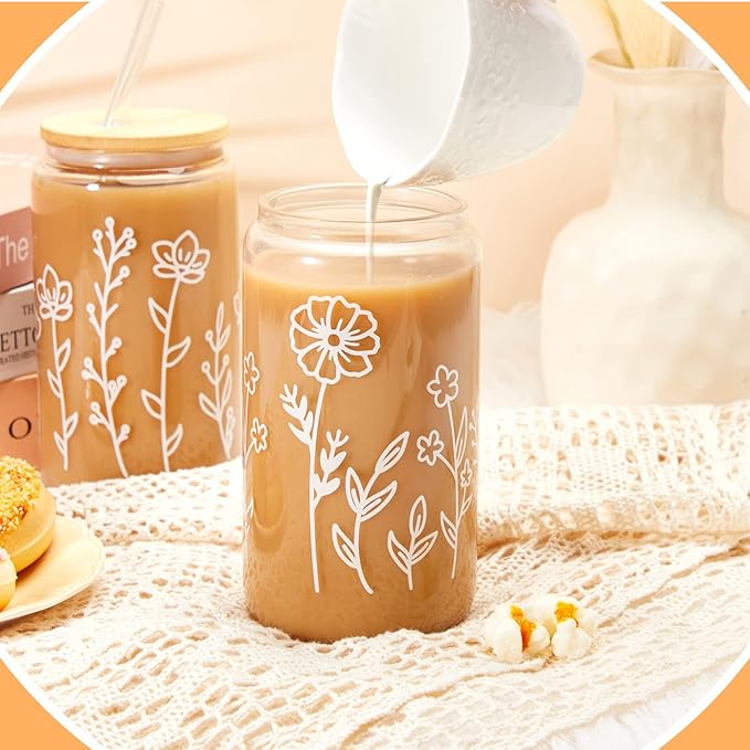 Mumufy 4 Pack Bridesmaid Gift Glass Cups, Cute Flower Mason Jars with Bamboo Lids & Straws, 16oz Iced Coffee Tumblers for Wedding, Bridal Party, Birthday, Mother's Day(Boho Floral)