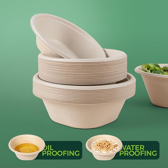 48 OZ [100 Pack] Heavy Duty Compostable Salad Bowls - 100% Sugarcane Fiber, Microwave Safe - Large Disposable Bowls for Soup, Salad, Ramen, Popcorn