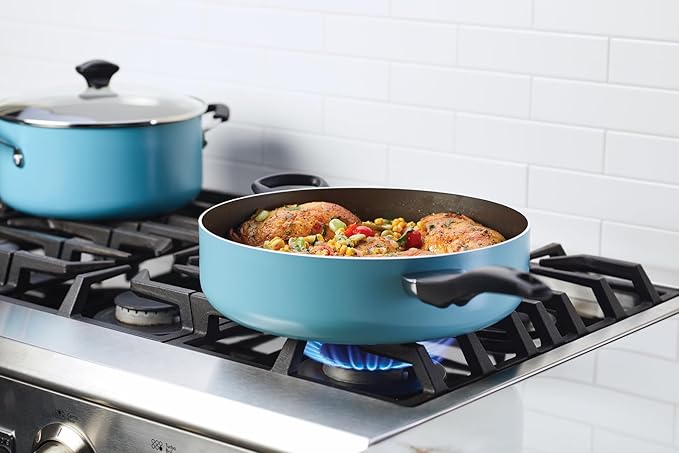 Farberware Dishwasher Safe Nonstick Jumbo Cooker/Saute Pan with Helper Handle -Aluminum, 6 Quart, Blue