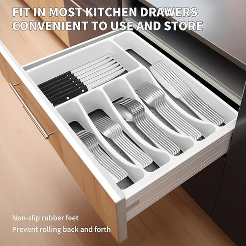 53PCS Silverware Set for 8 with Flatware Drawer Organizer, Stainless Steel Cutlery Set with Steak Knives, Include Spoons and Forks Set & Serving Utensils, Dishwasher Safe, Heavy Duty, Silver