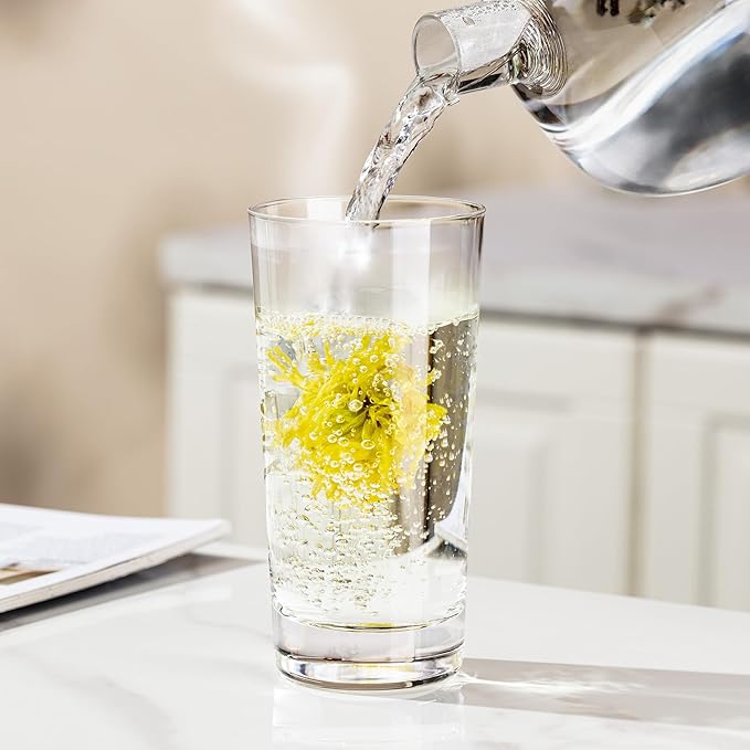 Drinking Glasses Set of 6, 13.5oz Highball Glass Cups with Heavy Base, Water Glasses for Kitchen and Dining, Lead-free Glassware Tumblers for Juice, Iced Coffee, Cocktails, Dishwasher Safe