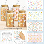 Mumufy 4 Pack Bridesmaid Gift Glass Cups, Cute Flower Mason Jars with Bamboo Lids & Straws, 16oz Iced Coffee Tumblers for Wedding, Bridal Party, Birthday, Mother's Day(Pastel Flower)