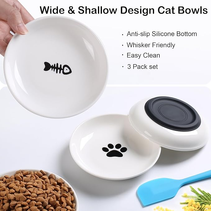 WROSWT Cat Food Bowl,Healthy Ceramic Cat Bowls for Indoor Cats,Anti Whisker Fatigue Cats Dishes Set,Shallow Wide Kitten Plates for Food and Water,Non-Slip Silicone Bottom,3 Pack