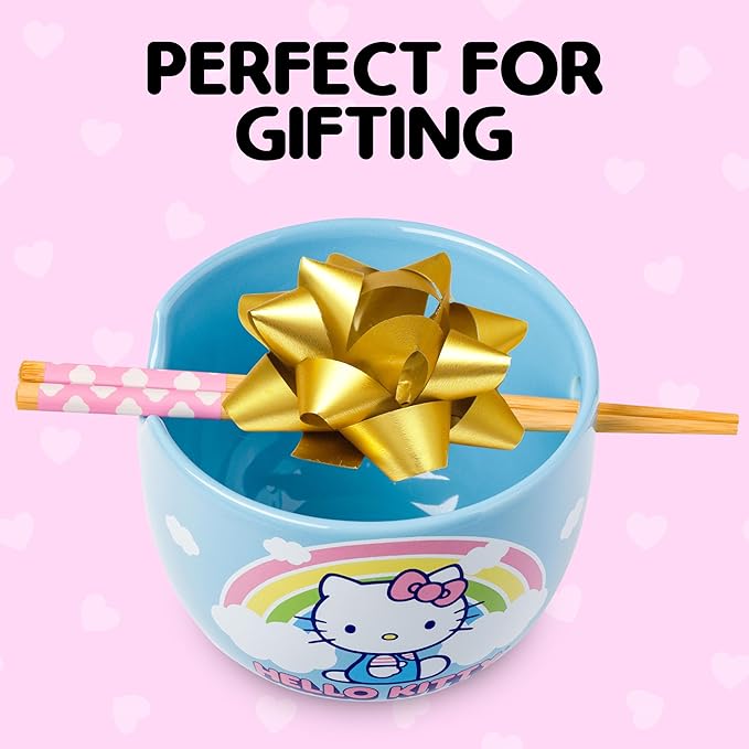 Silver Buffalo Hello Kitty Rainbow and Clouds Ceramic Ramen Noodle Rice Bowl with Chopsticks, Microwave Safe, 20 Ounces