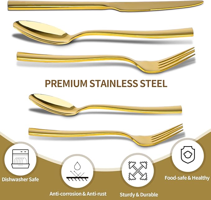 Gold Silverware Set, Briout 40 Piece Stainless Steel Flatware Cutlery Set Service for 8 Luxury Square Tableware Thick Knife Fork Spoon for Home Kitchen Restaurant Wedding, Mirror Polished
