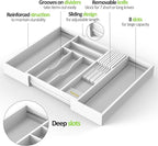 Bamboo Kitchen Drawer Organizer, Expandable Silverware Organizer with Removable Knife Block, 6-8 Slots- Utensil Holder & Cutlery Tray Drawer Dividers, 2.36" Deep for Extra Capacity, White