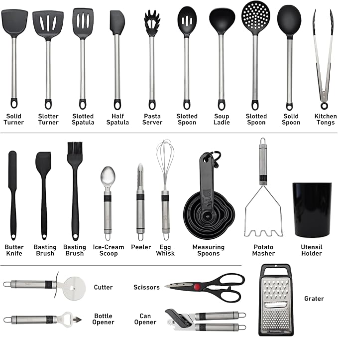Silicone Kitchen Utensils Set 33 PCS Heat Resistant Food Grade Silicone Utensils Set for Cooking with Stainless Steel Handles BPA Free Kitchen Gadgets Tools Set with Holder for Nonstick Cookware Black