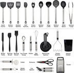 Silicone Kitchen Utensils Set 33 PCS Heat Resistant Food Grade Silicone Utensils Set for Cooking with Stainless Steel Handles BPA Free Kitchen Gadgets Tools Set with Holder for Nonstick Cookware Black