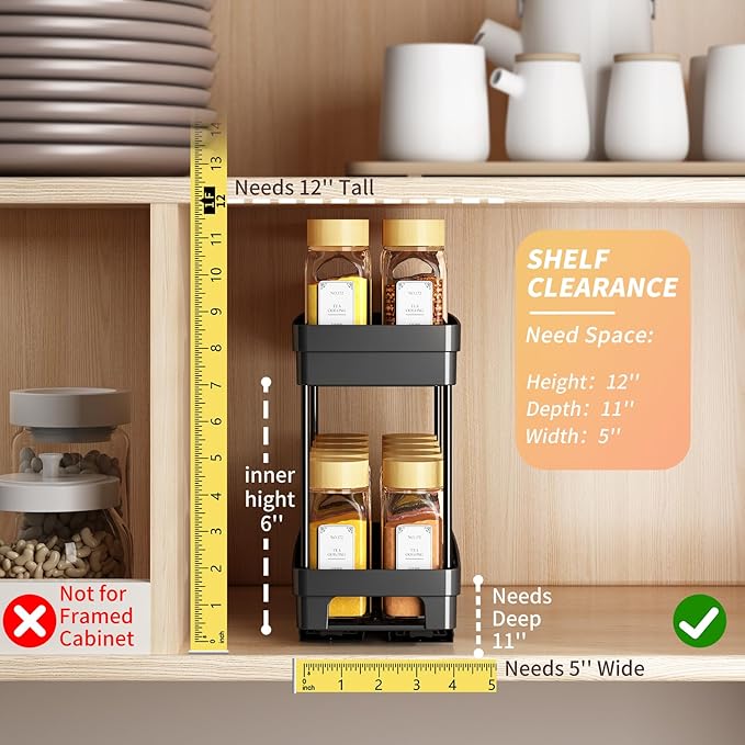 Pull Out Spice Rack Organizer for Cabinet, 3 Packs Slide Out Spice Racks Organizer, Spice Cabinet Organizers, Cabinet Size Need:12'' Highx11'' Deepx5'' Wide,Each Tier Hold 10 Spice Jar - 2 Tier, Black