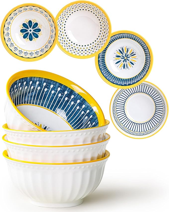 Yeacccng Bohemian Cereal Bowls Set of 4, 27 Oz Ribbed Exterior Ceramic Bowls, 6.14 Inch Lead-Free Scratch-Resistant for Soup/Cereal/Oatmeal/Pasta/Fruit, Dishwasher & Microwave Safe