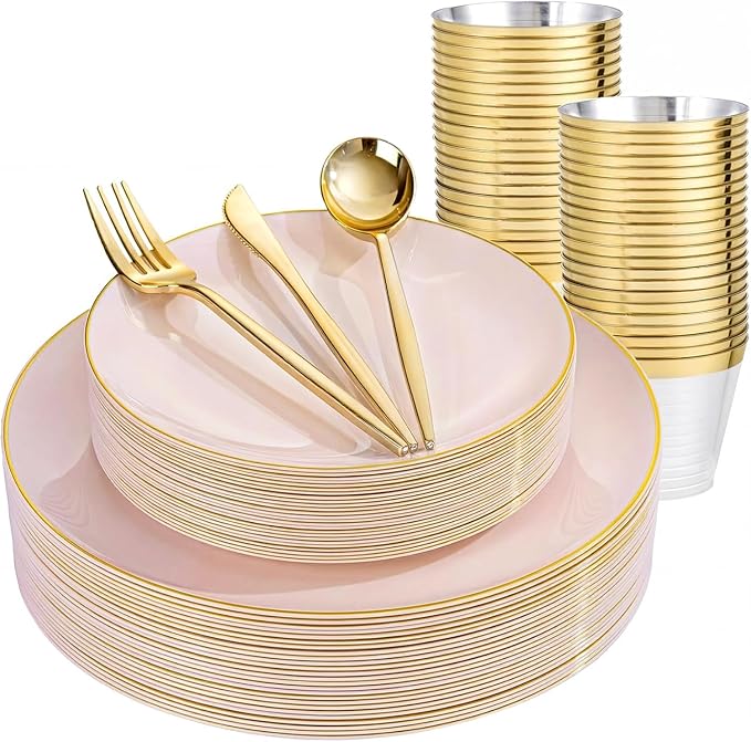 bUCLA 150PCS Pink Plastic Plates - Pink and Gold Disposable Include 25 Each (Dinner & Dessert) Plates, 25 Knives, 25 Forks, 25 Spoons and 25 Cups, Ideal for Party, Wedding & Mother's Day