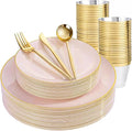 bUCLA 150PCS Pink Plastic Plates - Pink and Gold Disposable Include 25 Each (Dinner & Dessert) Plates, 25 Knives, 25 Forks, 25 Spoons and 25 Cups, Ideal for Party, Wedding & Mother's Day