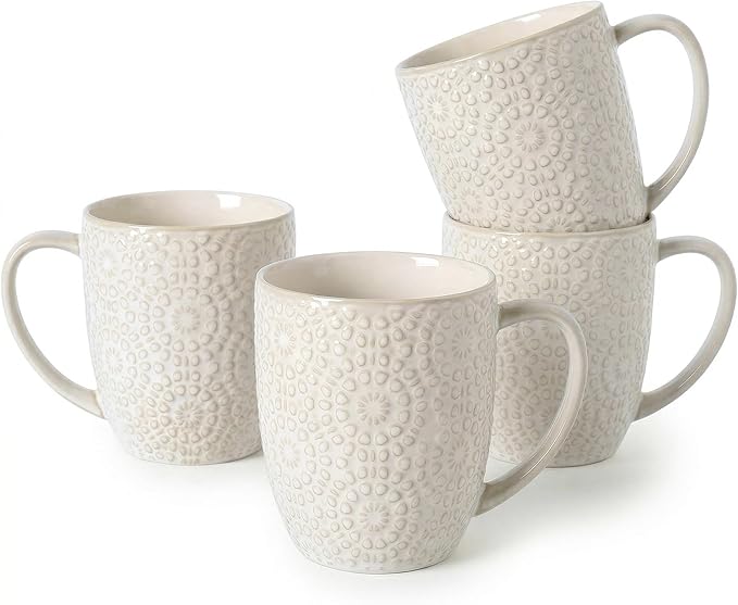 Coffee Mug Set of 4, 16 oz Ceramic Coffee Mugs, Large Embossment Cups, Vintage White Mugs Set for Latte, Cocoa, Hot Tea, Mocha, Housewarming Wedding Gifts, Dishwasher Safe, 3.5 x 4.5 inch