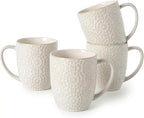 Coffee Mug Set of 4, 16 oz Ceramic Coffee Mugs, Large Embossment Cups, Vintage White Mugs Set for Latte, Cocoa, Hot Tea, Mocha, Housewarming Wedding Gifts, Dishwasher Safe, 3.5 x 4.5 inch