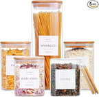 5 Pack Square Glass Pantry Storage Containers with 132 Kitchen Food Pantry Labels - Clear Glass Jars with Airtight Wood Bamboo Lids - Glass Canisters for Cookies, Nuts, Cereal