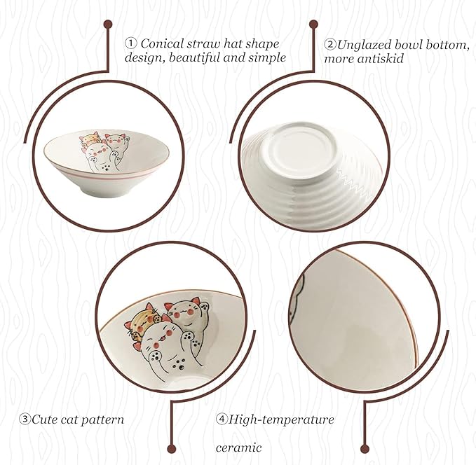 NJCHARMS Ceramic Japanese Ramen Noodle Soup Bowl, 2 Sets (6 Piece) 42 Ounce, with Matching Spoon and Chopsticks for Udon Soba Pho Asian Noodles (8 inch, Beige)