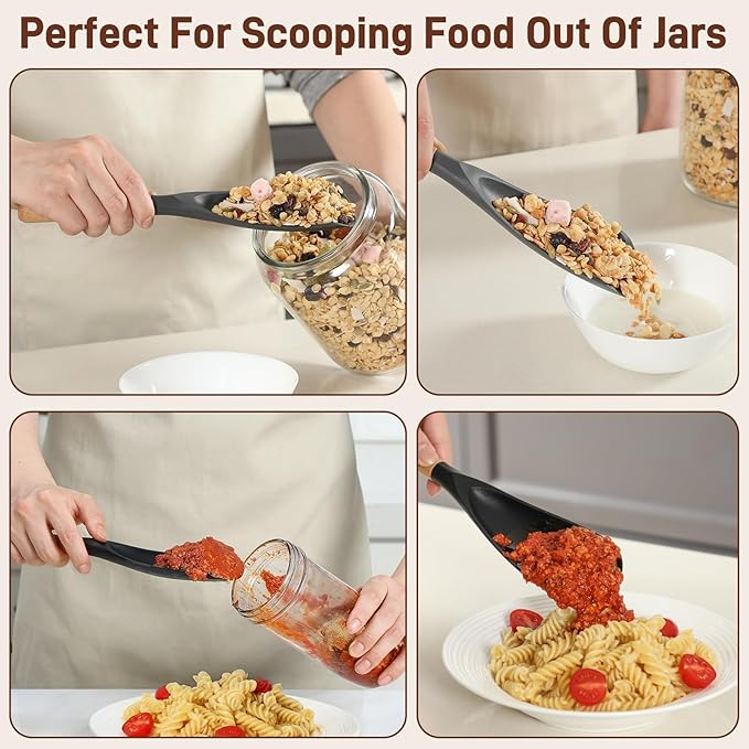 3 PACK Cooking Spatula Spoon for Nonstick Cookware, Multifunction Spoonula Great for Cooking, Serving, Baking, Mixing, Stirring, Scoop, Scrape - Sturdy BPA-Free Heat Resistant Silicone & Wood Handle