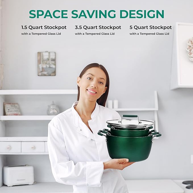 Granitestone Green Pots and Pans Set Nonstick, 6 Stackable Piece Cooking Pots Set, Kitchen Pots, Non Stick Coating, 5qt 3qt & 1.5qt Pots with Lids, Stay Cool Handles Dishwasher Safe 100% Toxin Free