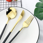JASHII Flatware Serving Set 24 Piece, Stainless Steel Silverware Set, Titanium Black Gold Cutlery Set, Modern Elegant Tableware Set for Party, Christmas, Dinner (Black Gold)