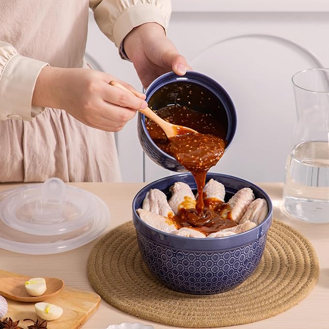 Ceramic Mixing Bowls 3-Piece: Nesting Ceramic Bowls with Lids - Microwave Safe for Kitchen Baking and Serving - Ideal for Home Bakers (Navy)
