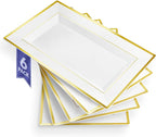 (6 Pcs) Premium White and Gold Plastic Serving Tray, Plastic Serving Platter Disposable, White Rectangle Party Trays and Platters for Fruit, Dessert, Cookies, Appetizers, Holiday Parties