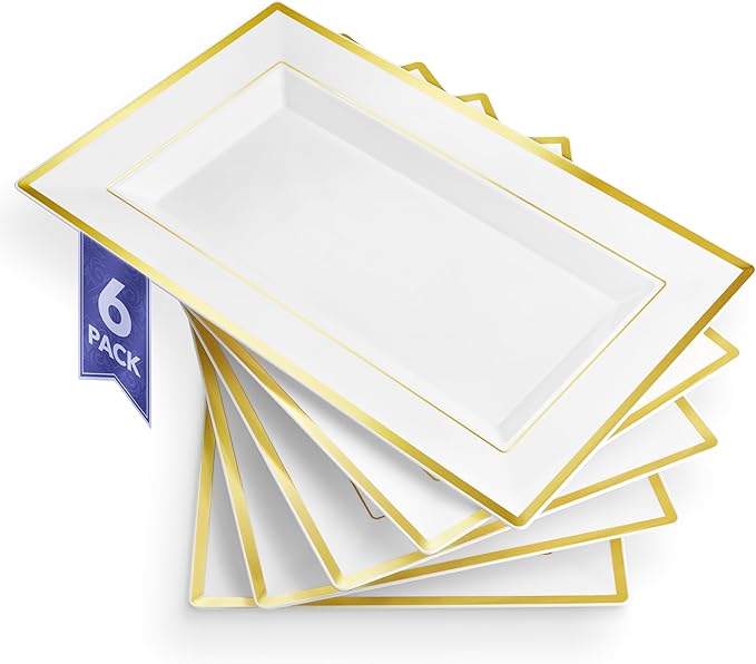 (6 Pcs) Premium White and Gold Plastic Serving Tray, Plastic Serving Platter Disposable, White Rectangle Party Trays and Platters for Fruit, Dessert, Cookies, Appetizers, Holiday Parties