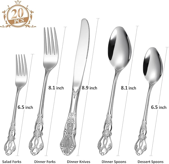 Gorgeous Retro Royal Silverware Set For 4,OIULO Stainless Steel 20-Piece Fine Vintage Flatware Set Service 4,Anti-rust Fork Spoon Knife,Antique Baroque Cutlery Utensils,Mirror Finish,Dishwasher Safe