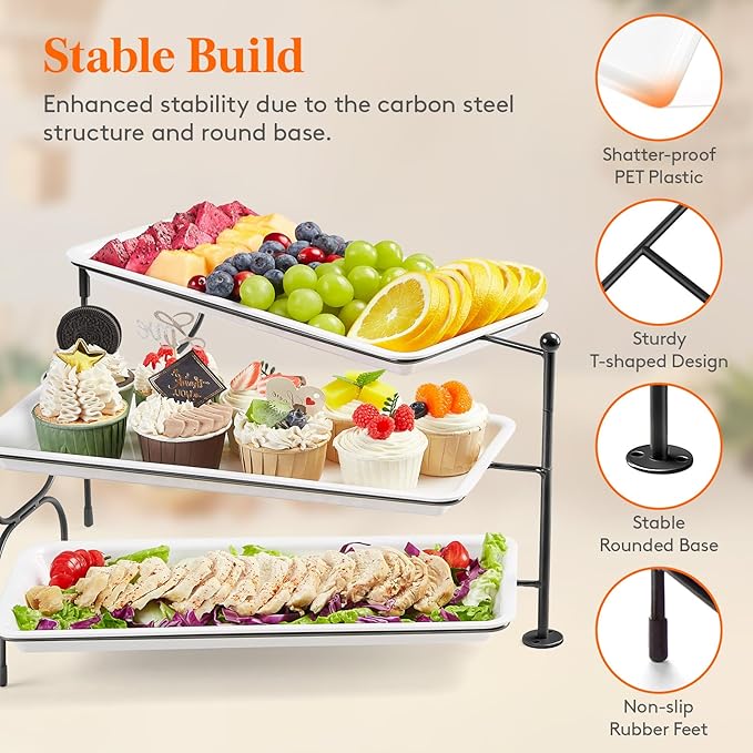 Lifewit 3 Tier Serving Tray, 36 x 17 cm/14 x 6.5 White Plastic Tiered Food Serving Platters, Rotating Tiered Tray Stand for Party with Black Collapsible Metal Stand, Dessert Table Stands for Cookies