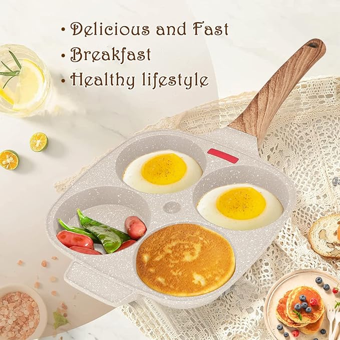 Egg Pan Fried Egg Pan, Egg Frying Pan with Lid Nonstick 4 Cups Pancake Pan Aluminium Alloy Cooker for Breakfast, Gas Stove & Induction Compatible (White)