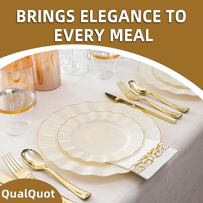 175PCS Gold and Ivory Plastic Dinnerware Set, Plastic Party Plates for 25 Guests, 50 Disposable Plates, 25 Heavy Duty Silverware, 25 Cups, 25 Napkins for Party and Wedding