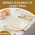 175PCS Gold and Ivory Plastic Dinnerware Set, Plastic Party Plates for 25 Guests, 50 Disposable Plates, 25 Heavy Duty Silverware, 25 Cups, 25 Napkins for Party and Wedding