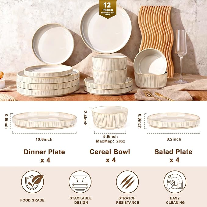 Reactive Glaze Ceramic Plates and Bowls Sets for 4, Stoneware Dinnerware Sets, Housewarming Gifts, Chip Resistant Microwave Dishwasher Safe, 12 Pcs Dish Set White