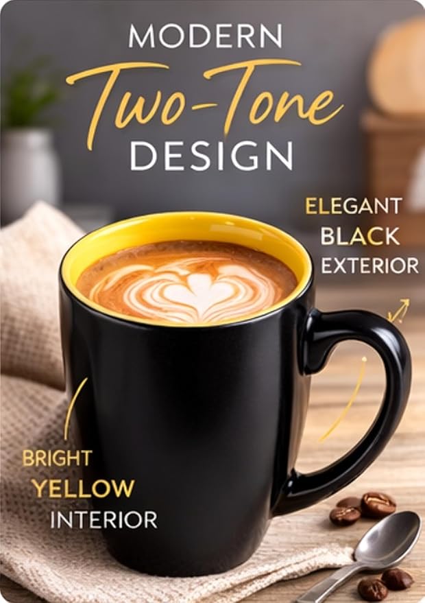 GBhome 12oz Coffee Mugs Set of 6, Large Ceramic Coffee Mugs for Man, Woman, Dad, Mom, Modern Coffee Mugs Set with handle for Tea/Latte/Cappuccino/Milk/Cocoa. Dishwasher&Microwave Safe,Yellow