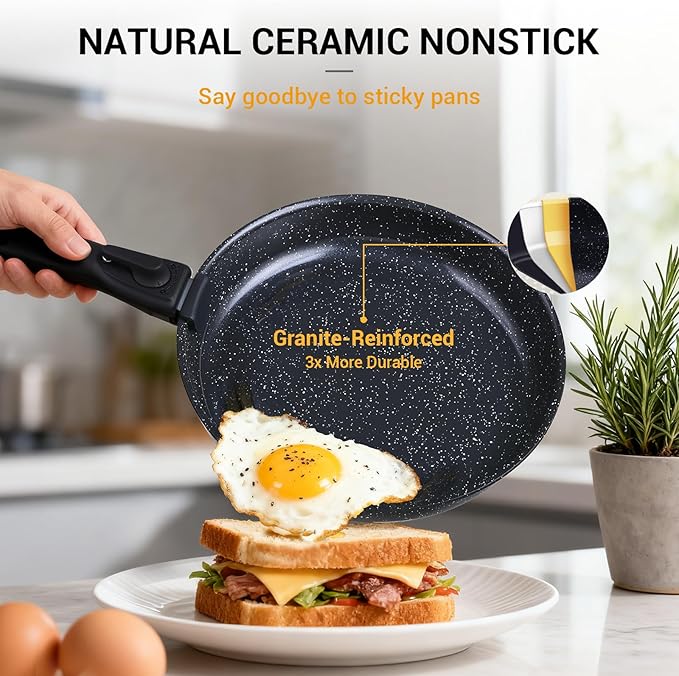 Ammeloo 21 Pcs Pots and Pans Set Non Stick, Ceramic Kitchen Cookware Set with Detachable Handle, Non Toxic Cooking Set for Kitchen, RV, Camping and Fridge, Induction Ready, Dishwasher/Oven Safe, Black