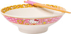 Silver Buffalo Sanrio Hello Kitty Pink and Gold Japanese Pattern with Flowers Ceramic Ramen Noodle Rice Bowl with Chopsticks, Microwave Safe, 30 Ounces
