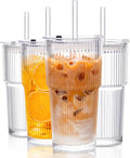 KEMORELA 4-Pack 20 oz Ribbed Glass Tumblers with Lids and Glass Straws – Vintage Iced Coffee Cups, Reusable Smoothie & Cocktail Drinking Glasses, Clear Glassware for Home or Cafe