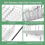 Fanbsy Large Dish Drainer Rack in Sink Adjustable, Expandable 304 Stainless Steel Metal Dish Drying Rack Organizer with Stainless Steel Utensil Holder Over Inside Sink Counter, Rustproof