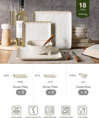 Famiware Ocean Square Plates and Bowls Set, 18 Pieces Dinnerware Sets, Dishes Set for 6, Microwave and Dishwasher Safe, Scratch Resistant, Vanilla White