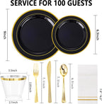 GATHER 700PCS Black Plastic Plates - Gold Disposable Plastic Dinnerware Set Include 200 6.3inch/9inch Black Plates, 300 Silverware, 100 Napkins, 100 Cups for Party & Wedding & Birthday
