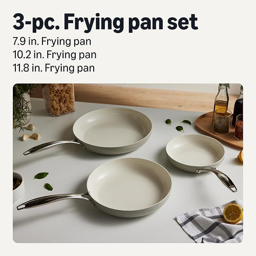 Amazon Basics Ceramic Nonstick Cookware, 3-Piece Set of Frying Pans, All Cooktop Induction Compatible, Dishwasher-Safe, Oven-Safe, Linen Gray