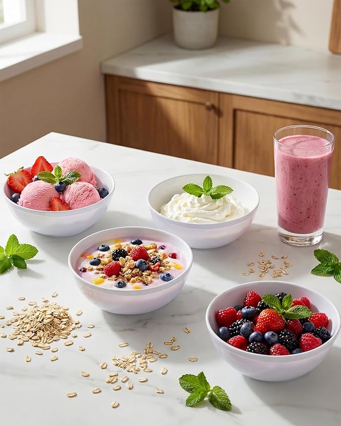 bUCLA 50 Pack White Plastic Serving Bowls - 24oz Disposable Bowls for Salad, Cereal, Dessert, Fruit & Chip - Ideal for Wedding & Party