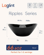 LaGlint 66 OZ Salad Bowl Set of 2, Opal Glass 10 inch Lightweight Serving Dishes for Salad, Fruit, Kitchen Microwave & Dishwasher Safe, Oval Shape Black