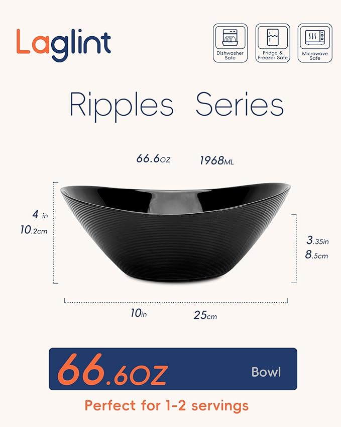 LaGlint 66 OZ Salad Bowl Set of 2, Opal Glass 10 inch Lightweight Serving Dishes for Salad, Fruit, Kitchen Microwave & Dishwasher Safe, Oval Shape Black
